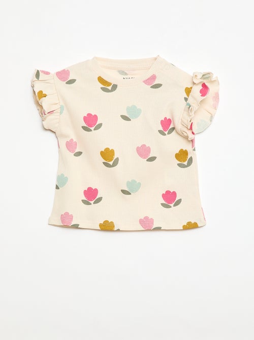 T-shirt canelado de mangas curtas com folhos - Kiabi