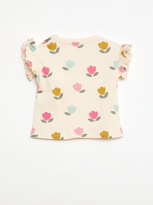 T-shirt canelado de mangas curtas com folhos - Kiabi