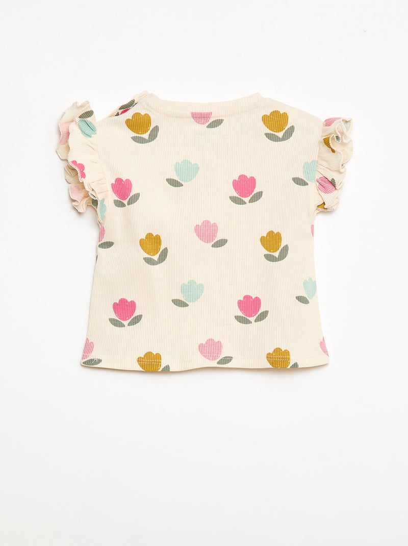 T-shirt canelado de mangas curtas com folhos Branco - Kiabi