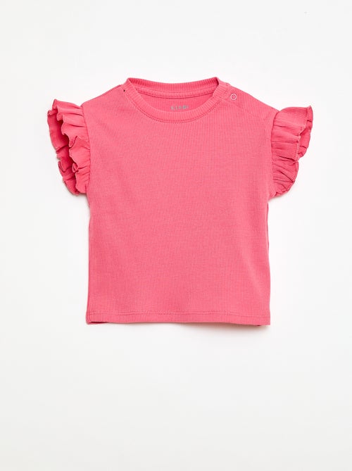 T-shirt canelado de mangas curtas com folhos - Kiabi T-shirt canelado de mangas curtas com folhos - Kiabi