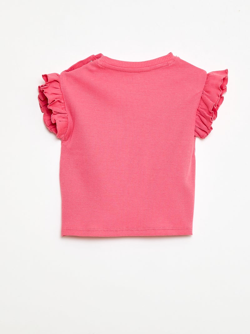 T-shirt canelado de mangas curtas com folhos Rosa - Kiabi