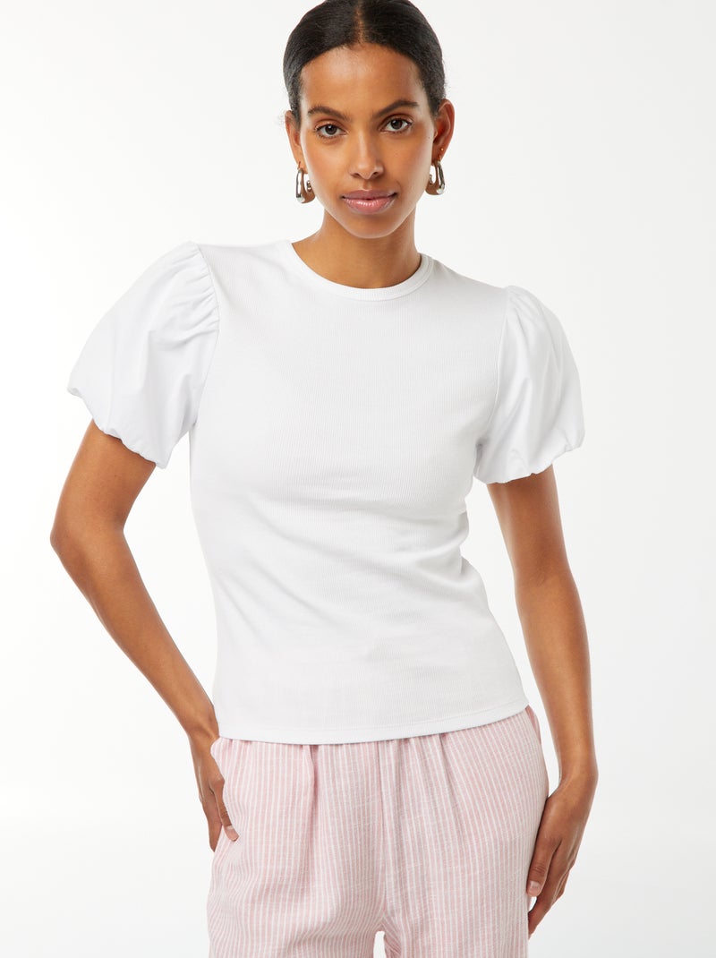 T-shirt cintada bi-matéria com mangas de balão Branco - Kiabi