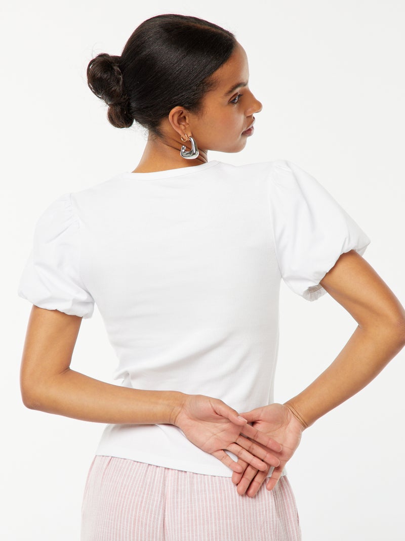 T-shirt cintada bi-matéria com mangas de balão Branco - Kiabi