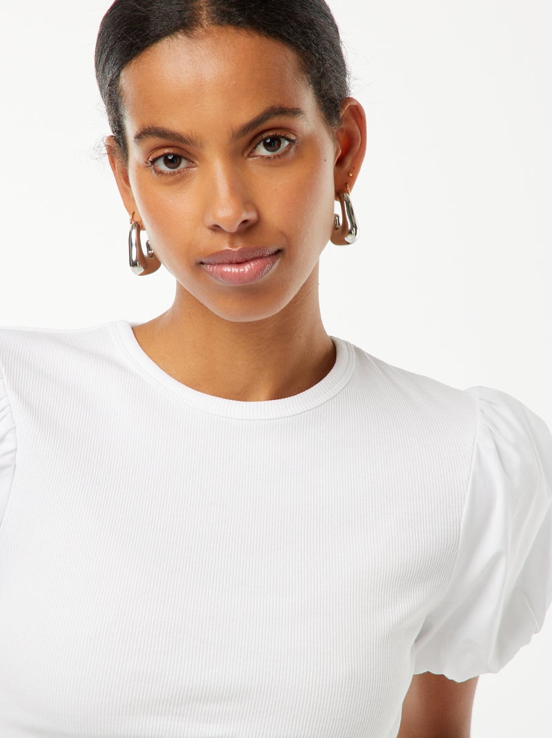 T-shirt cintada bi-matéria com mangas de balão Branco - Kiabi