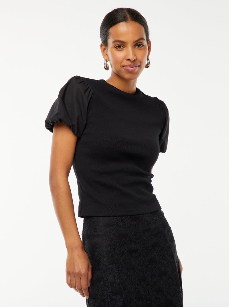 T-shirt cintada bi-matéria com mangas de balão Preto - Kiabi
