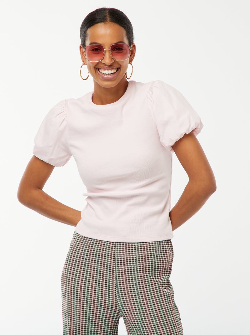 T-shirt cintada bi-matéria com mangas de balão Rosa - Kiabi