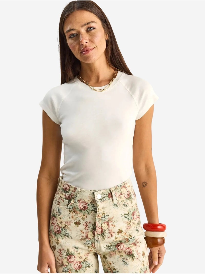 T-shirt clássica de algodão com gola redonda lucci Branco - Kiabi