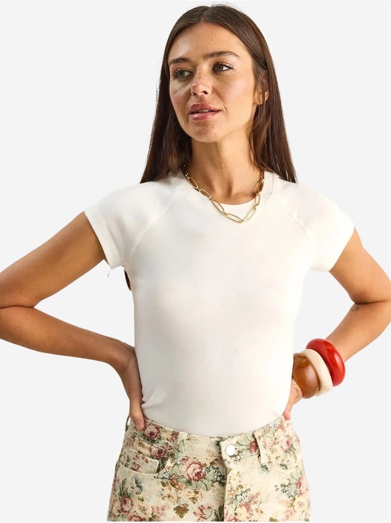 T-shirt clássica de algodão com gola redonda lucci Branco - Kiabi
