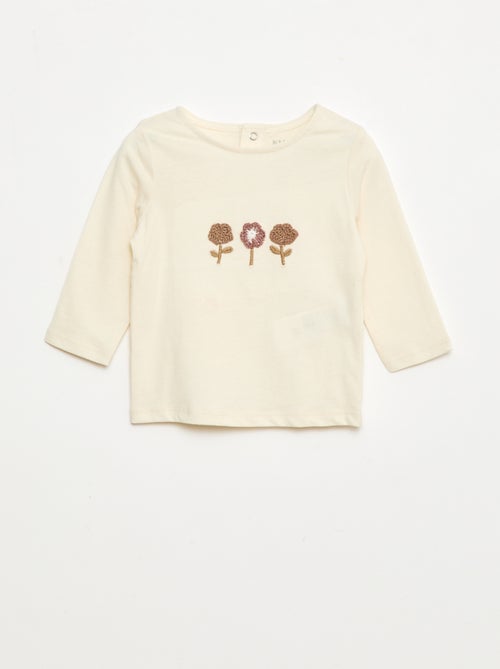 T-shirt com bordado de flores - Kiabi