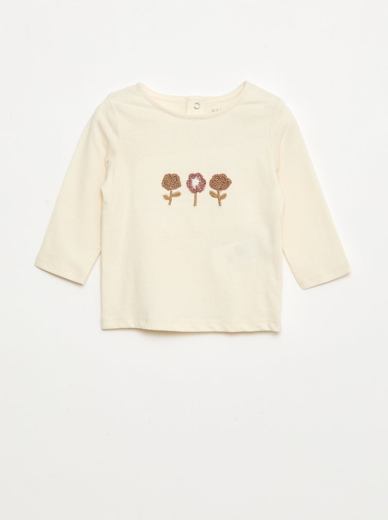 T-shirt com bordado de flores Branco - Kiabi