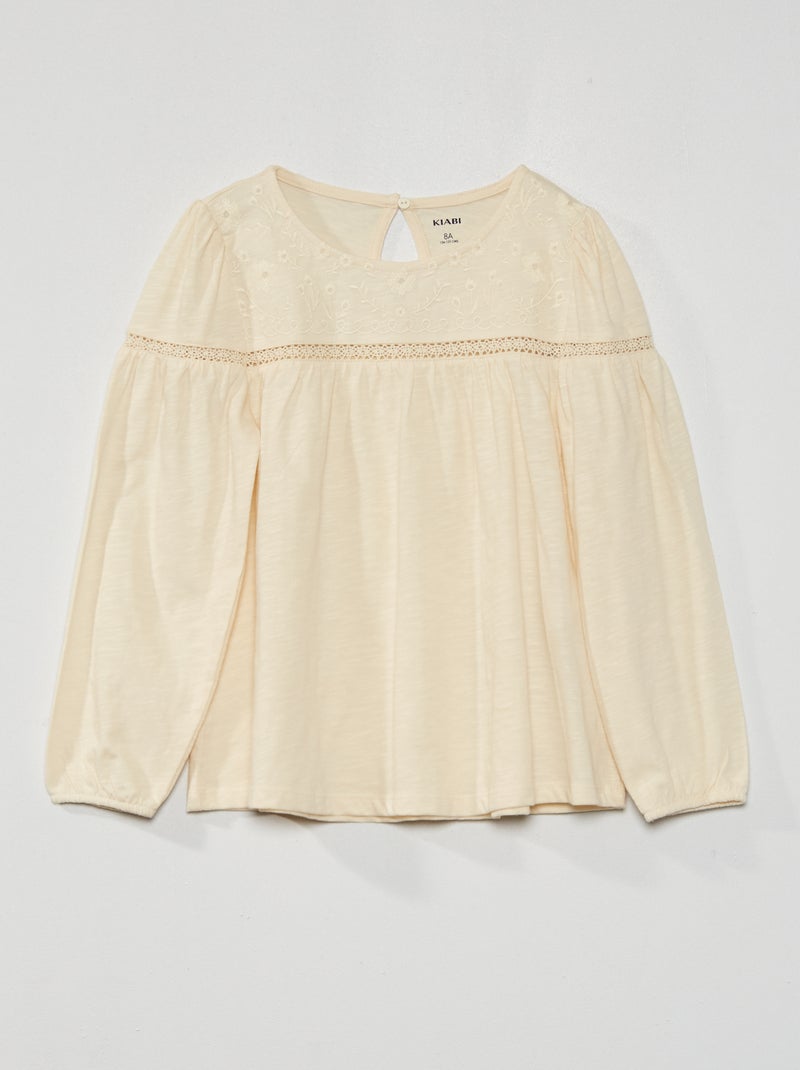 T-shirt com bordado e renda fantasia BEGE - Kiabi
