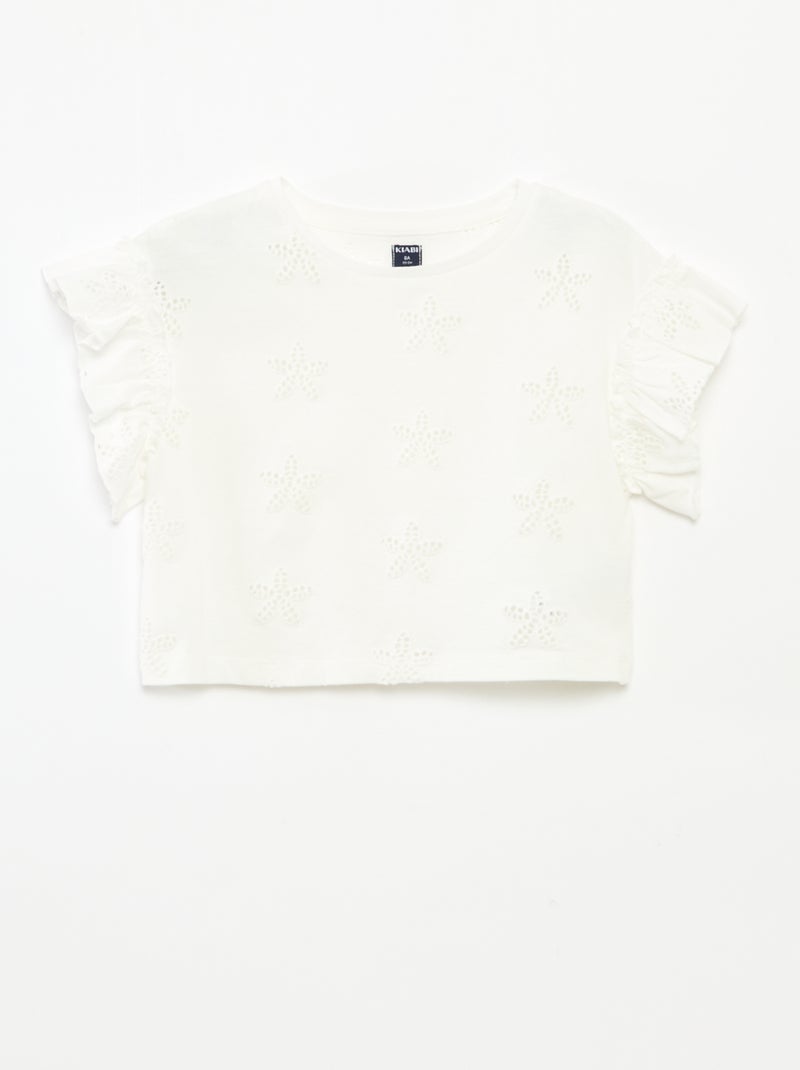 T-shirt com bordados flores Branco - Kiabi