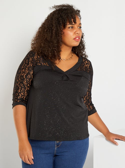 T-shirt com brilhantes e renda - Kiabi