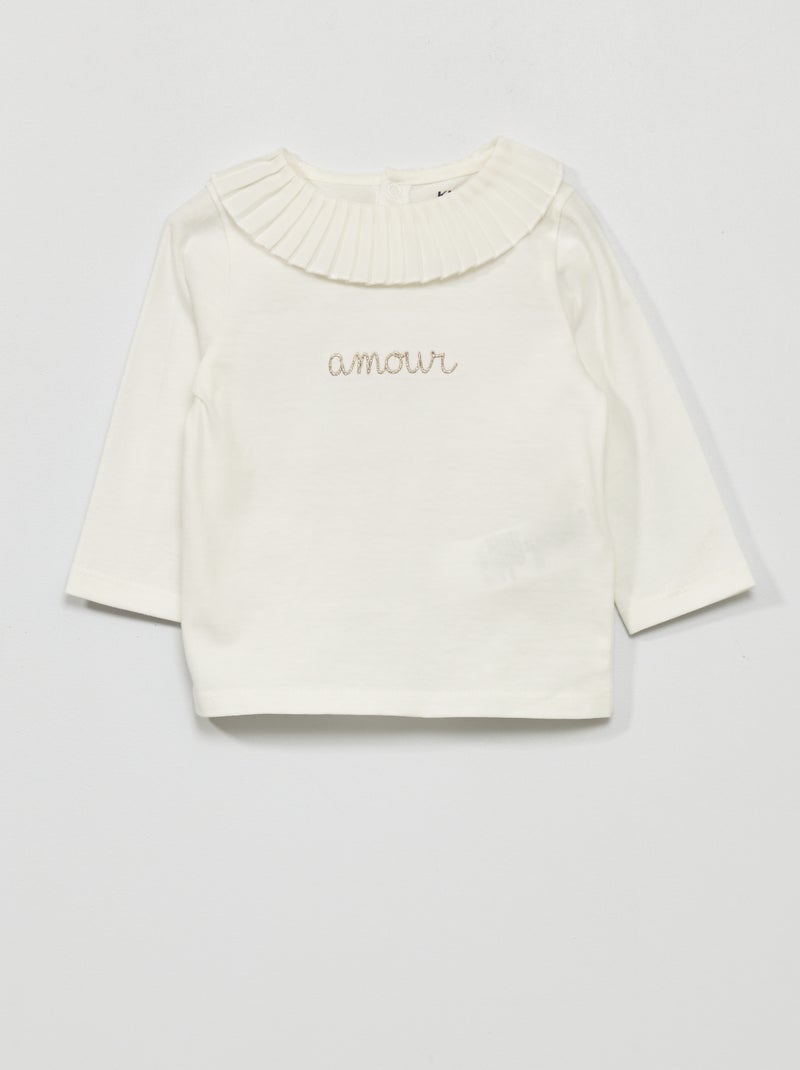 T-shirt com colarinho largo plissado BRANCO - Kiabi