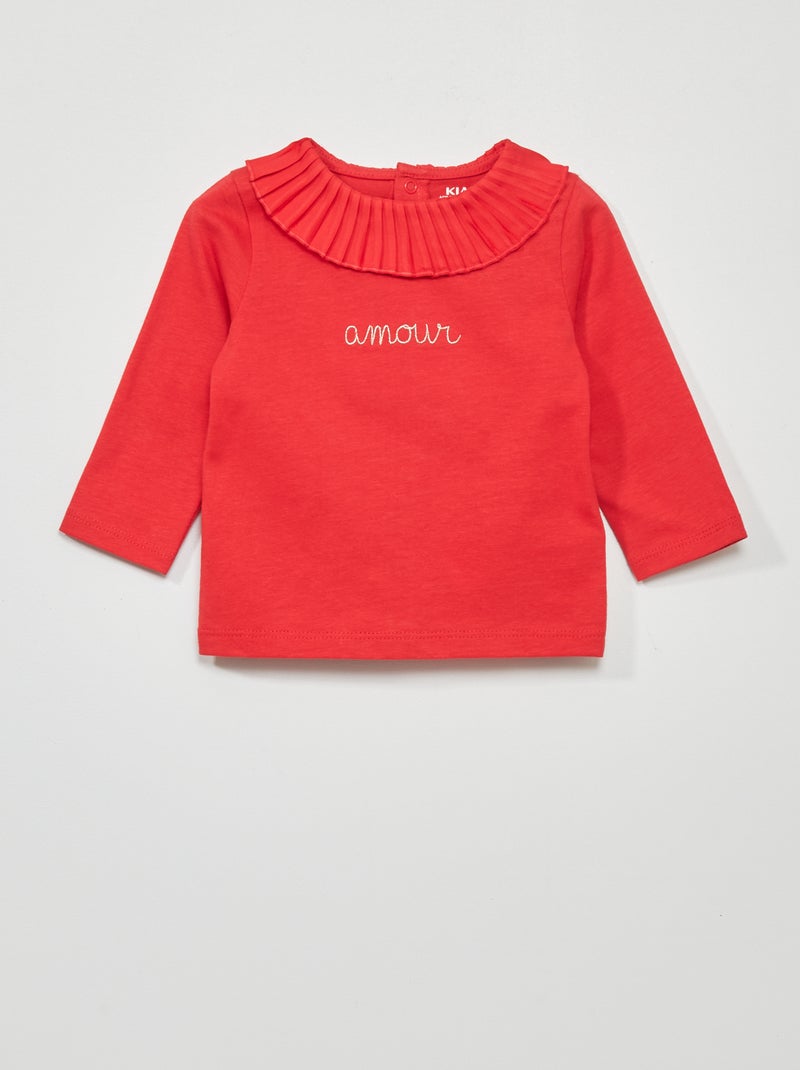 T-shirt com colarinho largo plissado VERMELHO - Kiabi