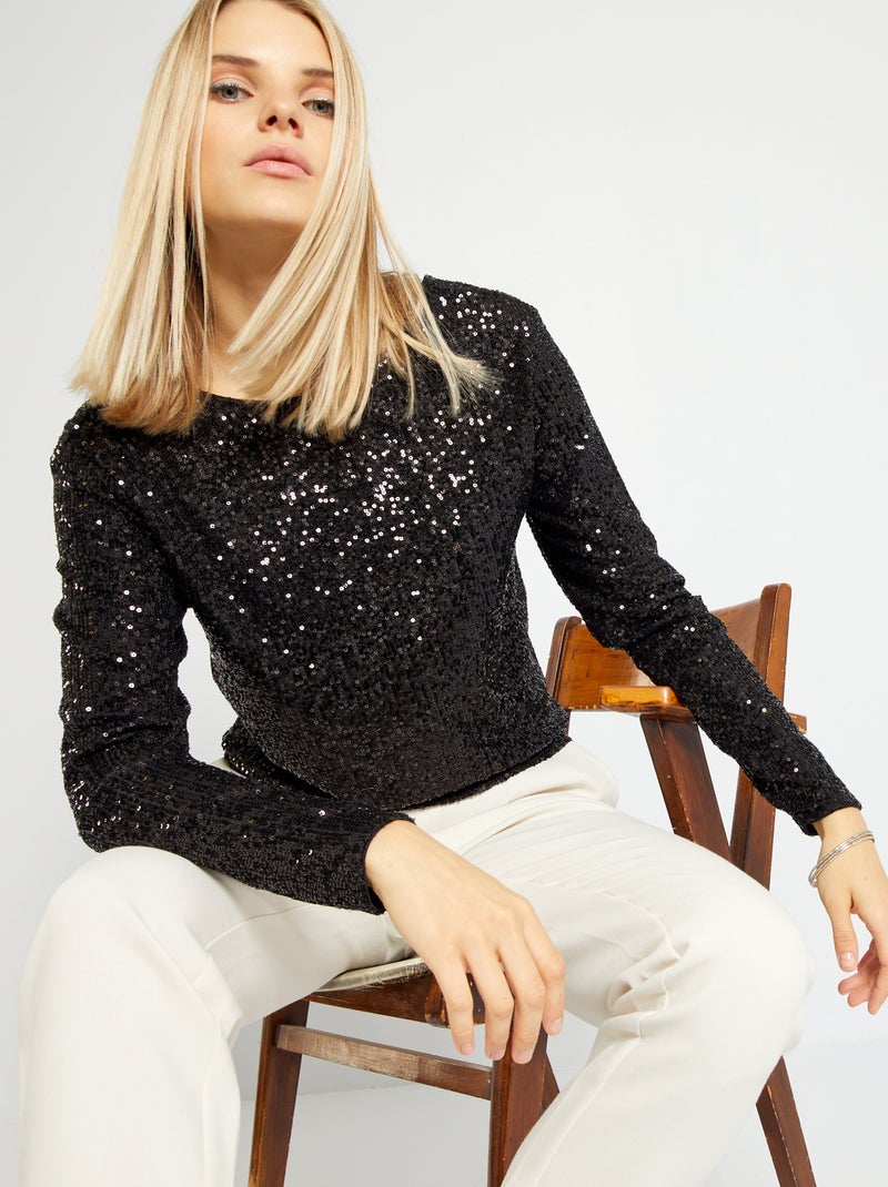 T-shirt com decote em bico e lantejoulas PRETO - Kiabi
