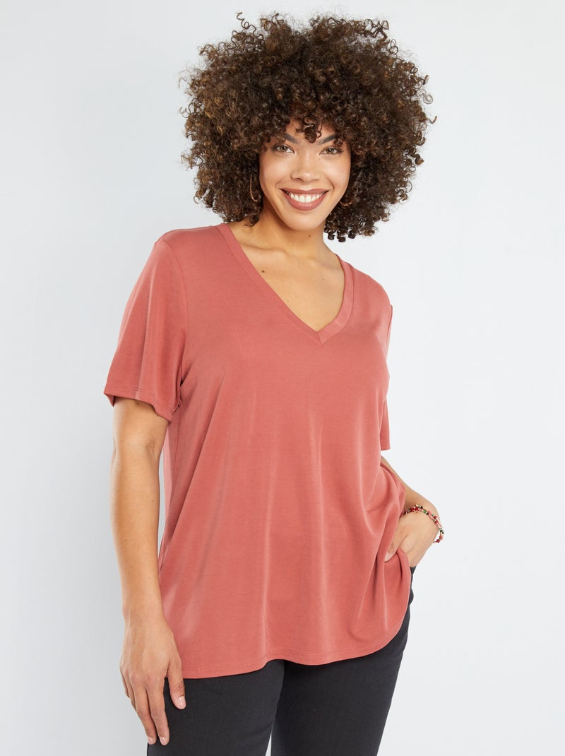 T-shirt com decote em bico em material suave VERMELHO - Kiabi
