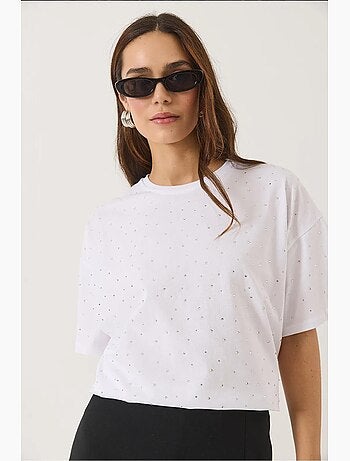 T-shirt com detalhe de lantejoulas e gola redonda, manga curta lucci