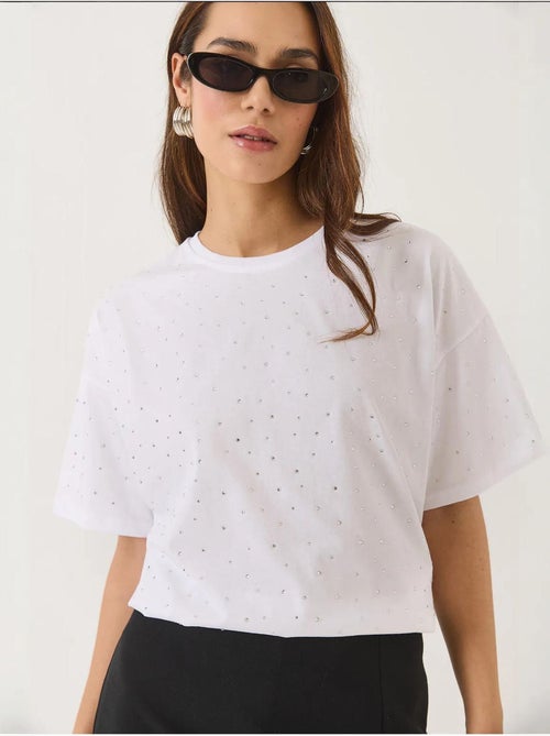 T-shirt com detalhe de lantejoulas e gola redonda, manga curta lucci - Kiabi