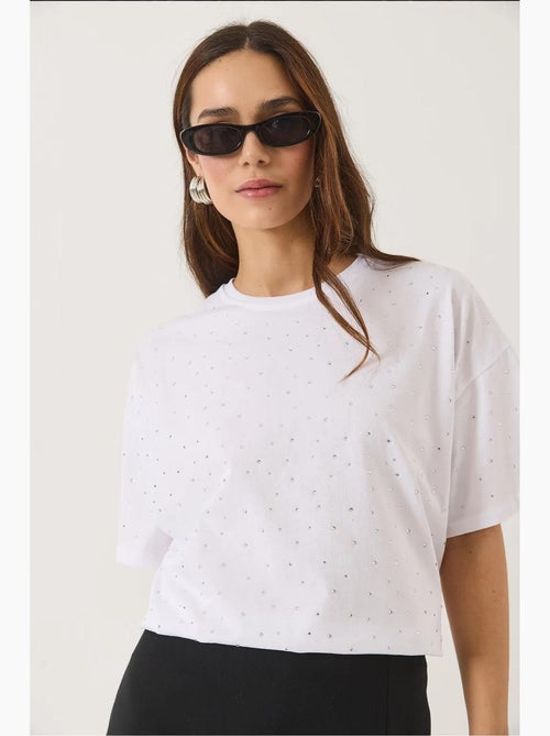 T-shirt com detalhe de lantejoulas e gola redonda, manga curta lucci - Kiabi
