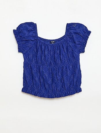 T-shirt com efeito smock e bordado inglês
