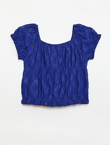 T-shirt com efeito smock e bordado inglês