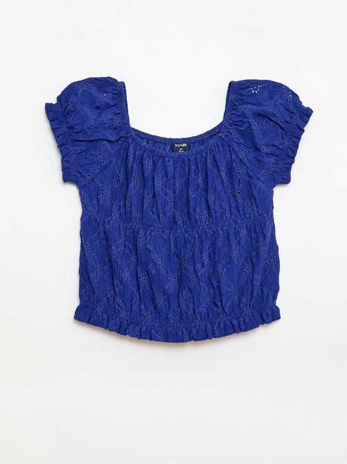 T-shirt com efeito smock e bordado inglês - Kiabi