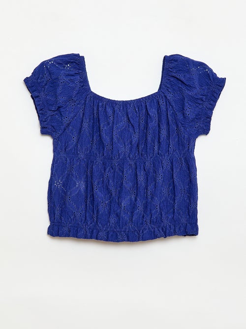 T-shirt com efeito smock e bordado inglês - Kiabi