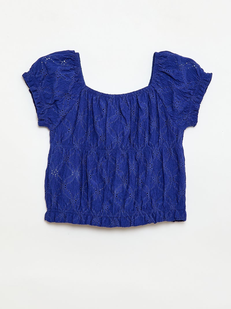 T-shirt com efeito smock e bordado inglês Azul - Kiabi
