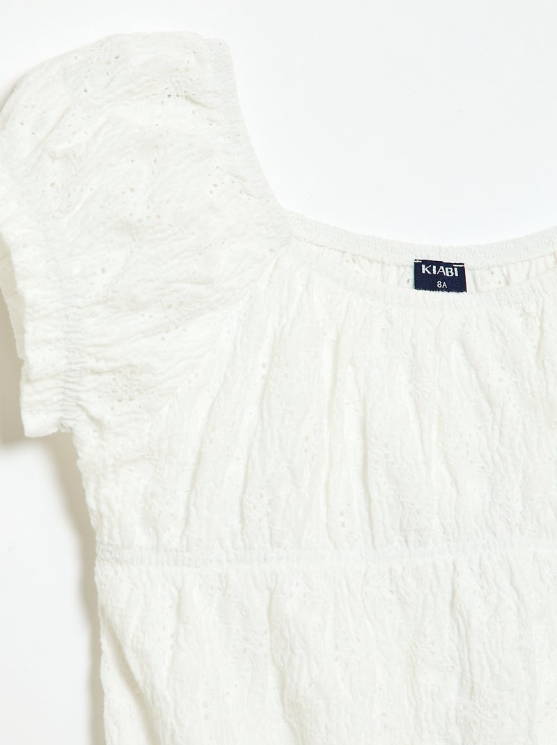 T-shirt com efeito smock e bordado inglês Branco - Kiabi