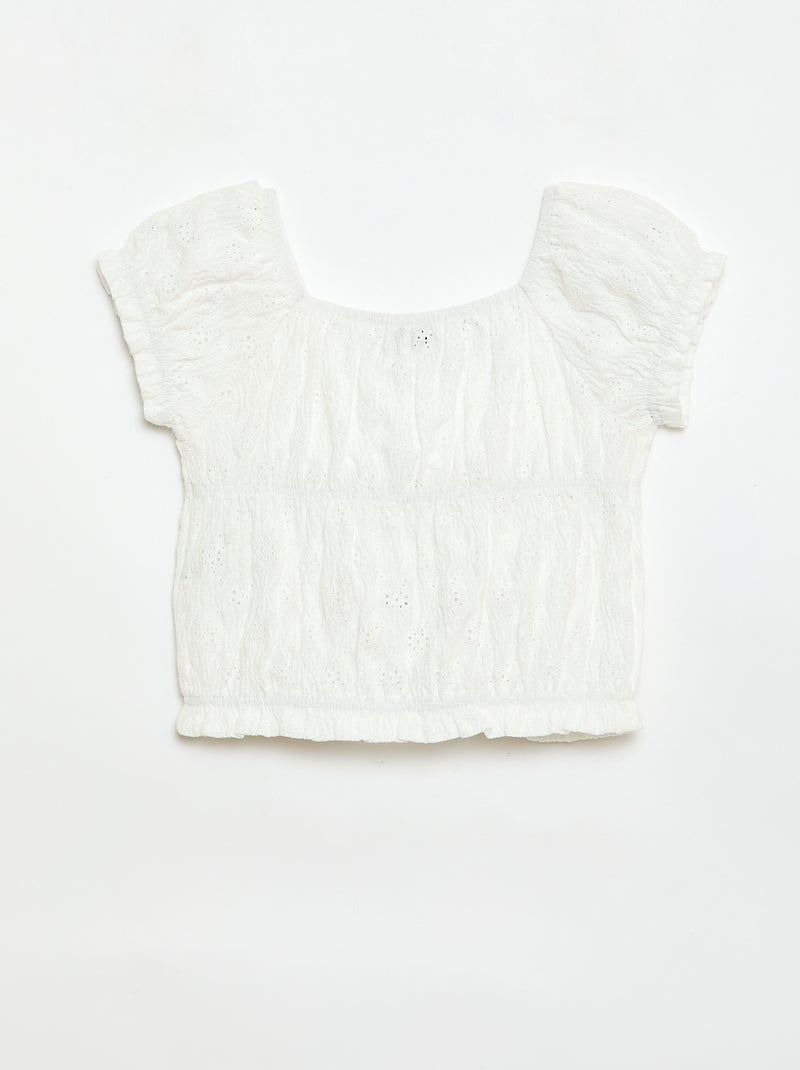 T-shirt com efeito smock e bordado inglês Branco - Kiabi