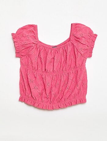 T-shirt com efeito smock e bordado inglês