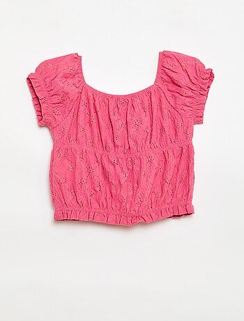 T-shirt com efeito smock e bordado inglês