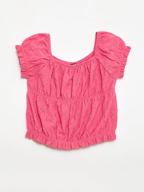 T-shirt com efeito smock e bordado inglês - Kiabi