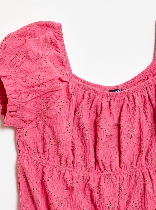 T-shirt com efeito smock e bordado inglês - Kiabi