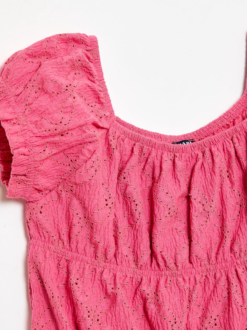T-shirt com efeito smock e bordado inglês Rosa - Kiabi