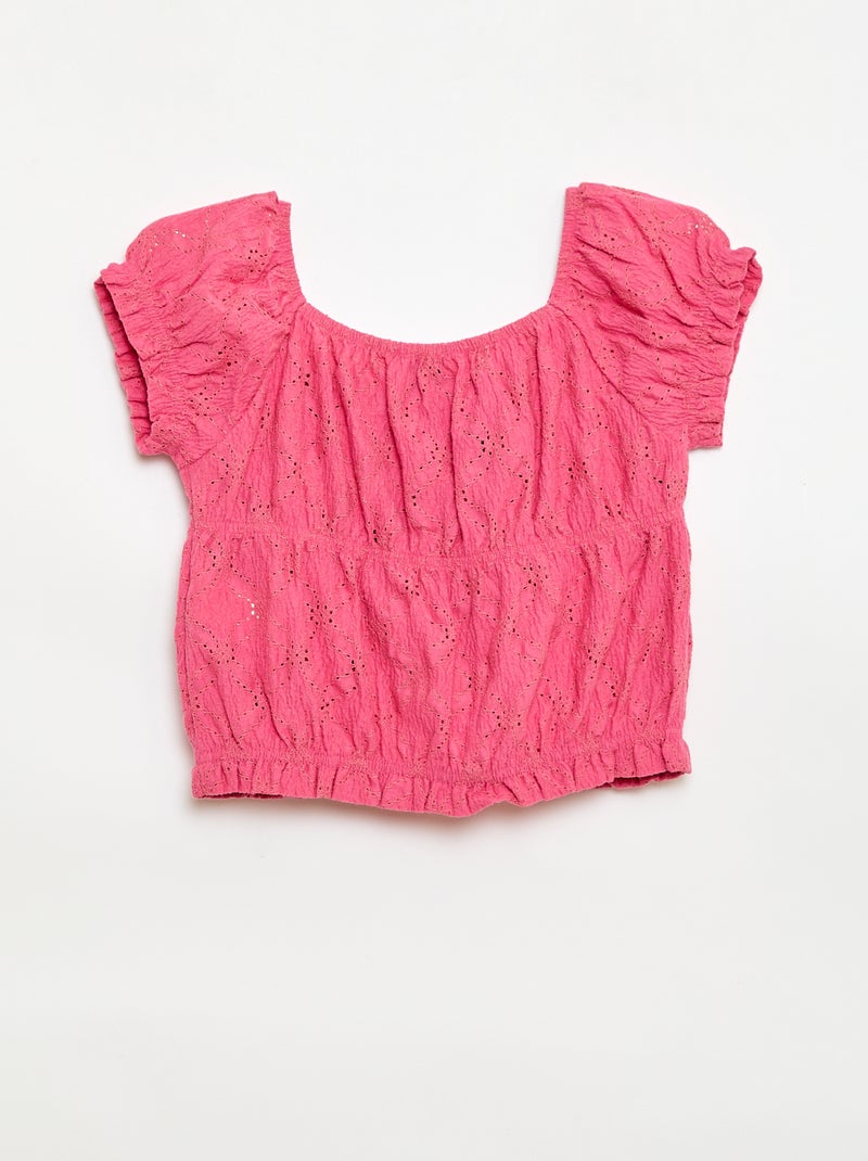 T-shirt com efeito smock e bordado inglês Rosa - Kiabi
