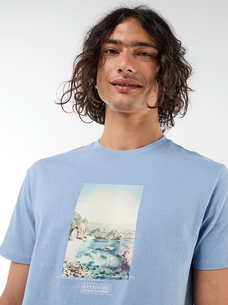 T-shirt com Estampa Frente e Verso e Mangas Curtas Azul - Kiabi