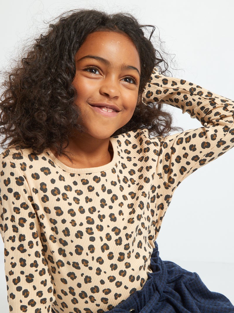 T-shirt com estampado em malha nervurada BEGE - Kiabi