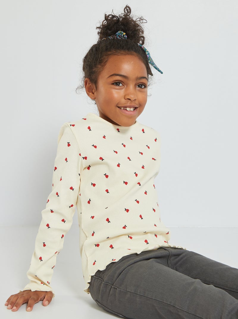 T-shirt com estampado em malha nervurada BEGE - Kiabi
