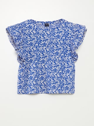 T-shirt com estampado, manga curta com folhos e gola redonda
