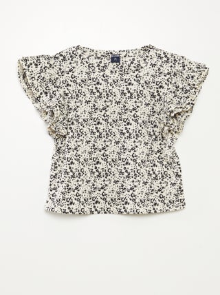 T-shirt com estampado, manga curta com folhos e gola redonda