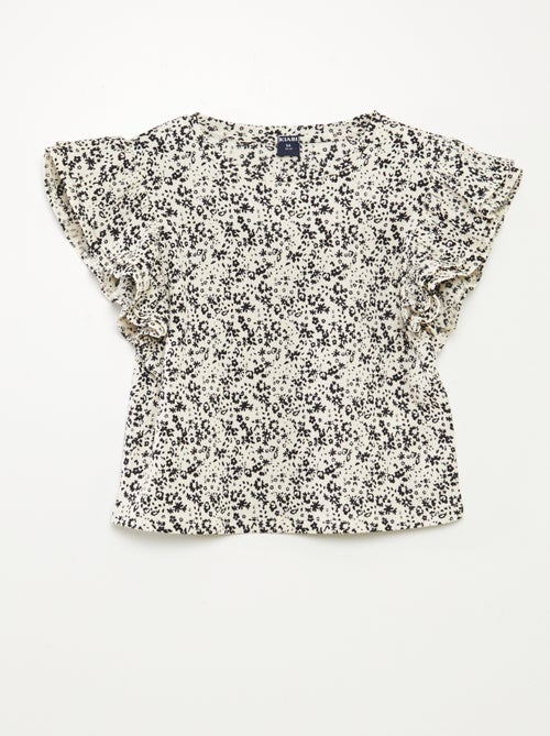 T-shirt com estampado, manga curta com folhos e gola redonda - Kiabi
