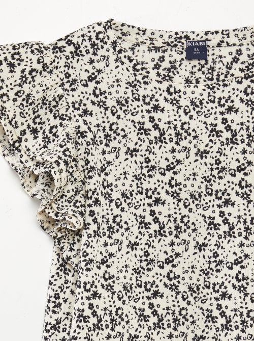 T-shirt com estampado, manga curta com folhos e gola redonda - Kiabi