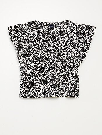 T-shirt com estampado, manga curta com folhos e gola redonda