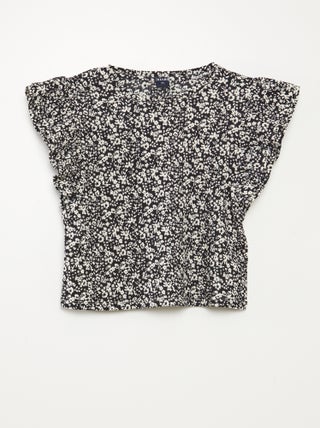 T-shirt com estampado, manga curta com folhos e gola redonda