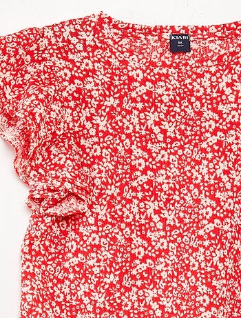 T-shirt com estampado, manga curta com folhos e gola redonda