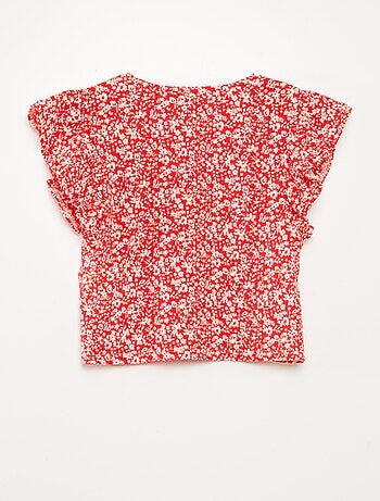 T-shirt com estampado, manga curta com folhos e gola redonda