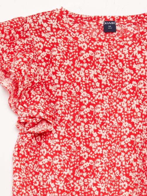 T-shirt com estampado, manga curta com folhos e gola redonda - Kiabi