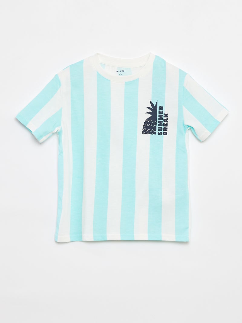 T-shirt com estampado 'summer' de manga curta às riscas AZUL - Kiabi